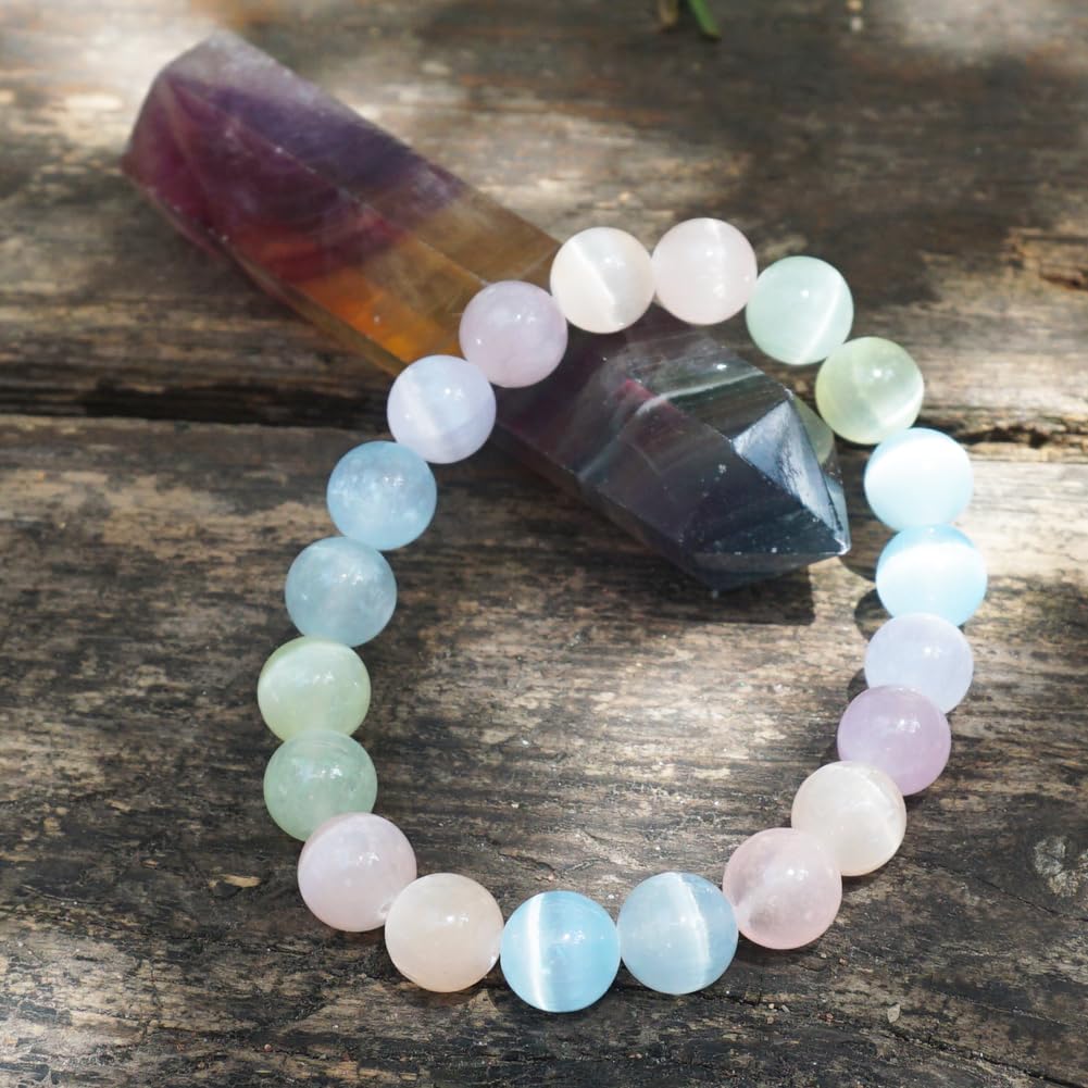 10mm Macaron Selenite Bracelet - Multi-Color Natural Crown Chakra Crystal | Handmade Sweet Color Meditation Bracelet with Cat-Eye Effect | Beading Tool Kit - Adjust to 6.5-7.5 inches Wrist Size