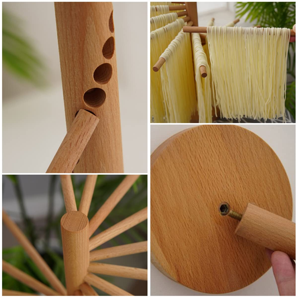 Abizarch Collapsible Pasta Drying Rack Wooden Spaghetti Stand Dryer with 16 Suspension Rods Homemade Fresh Noodle Hanger Easy Storage and Quick Set-Up Hanging Rack for Home Kitchen