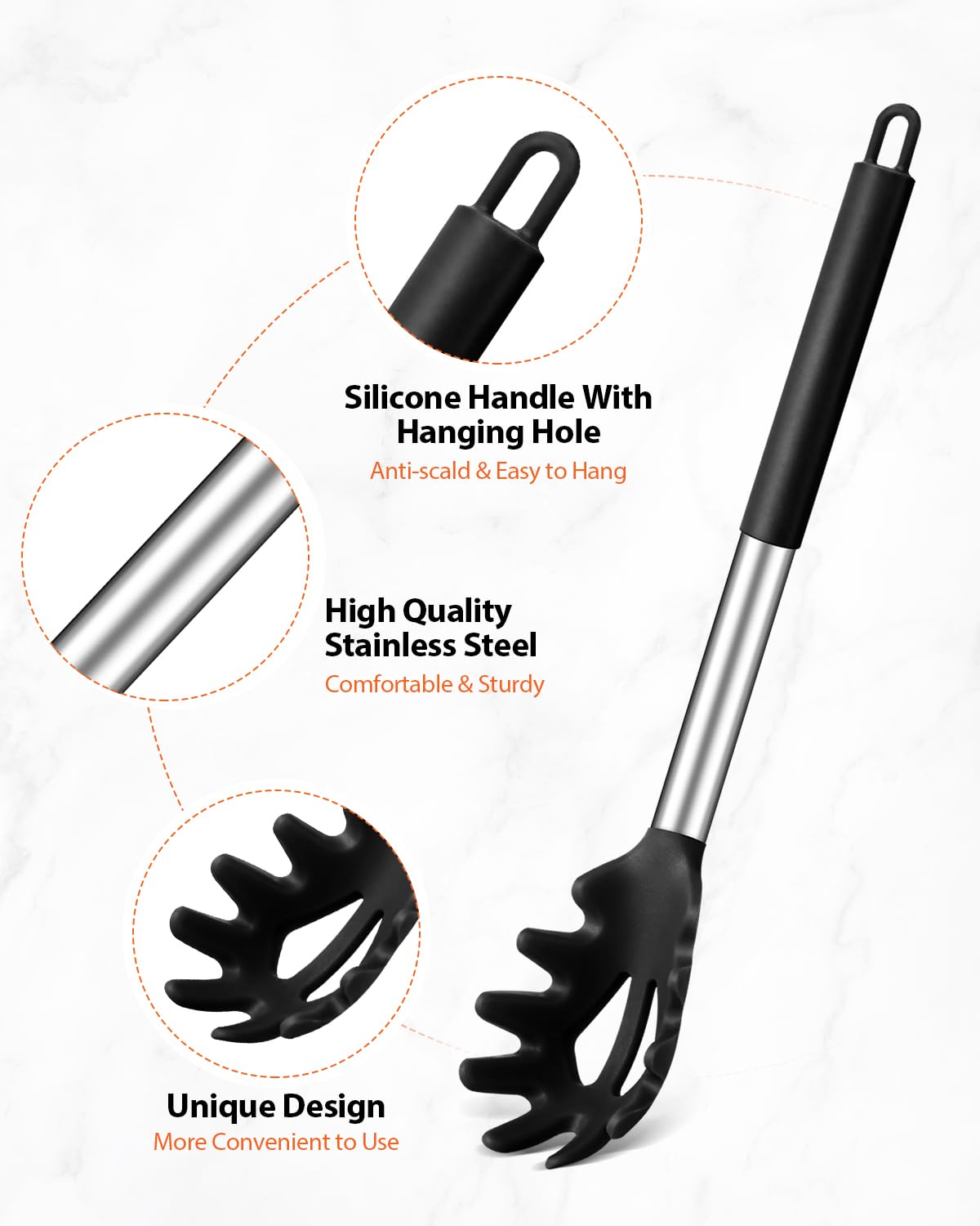 Silicone Spaghetti Spoon & Pasta Tong With Pasta Measurer, 3 Pack of Non-Stick Stainless Steel Handle Pasta Fork Set with Teeth, Food Clip for Easy Serving of Noodles (BLACK)