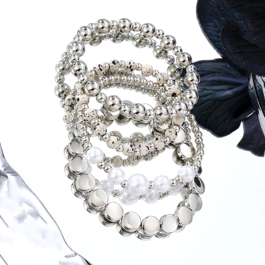 Mexegy Layered Silver Plated Pearl Beaded Stretch Bracelet for Women,Stacked Disc Coin Bead Elastic Bracelets Bohemian Party Holiday Jewelry Accessories Gift(Silver)