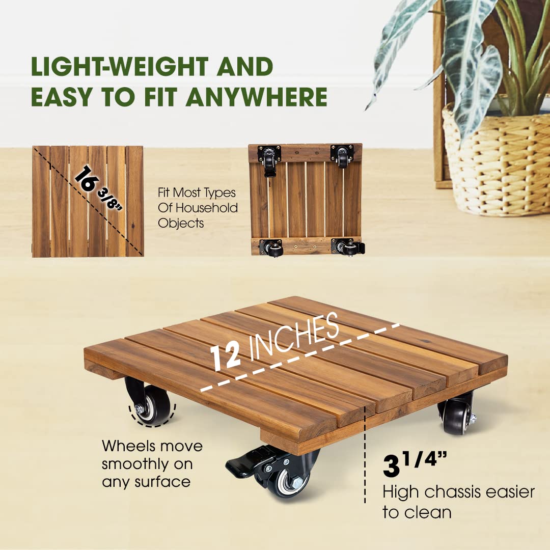 2pack Wood Plant Caddy With Wheels Heavy Duty, 264 Lbs Capacity, Upgraded 12 Inch Acacia Hardwood Plant Dolly, Plant Stand with 360° Lockable Wheels, Plant Caster for Heavy Objects Hauling - Natural Wood