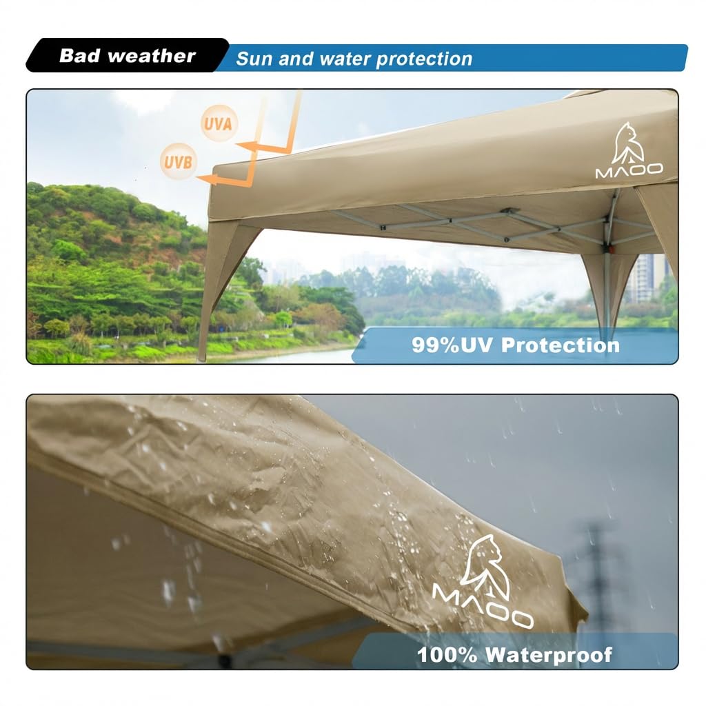 MAOO 10x10 Pop Up Canopy Tent with Sidewall, Easy Setup Instant Outdoor Canopy, 210D Silver Coated Waterproof UPF 50+ Sun Shade Shelter, Heavy Duty Steel Frame, Roller Bag, Khaki