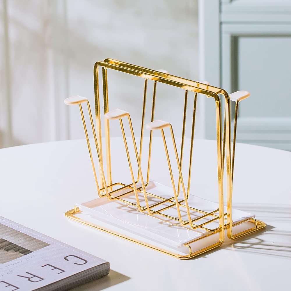YISMAN Metal Cup Drying Rack with 6 Hooks, Bottle Drying Rack with Drain Tray,Coffee Mug Holder,Mug Organizer Golden