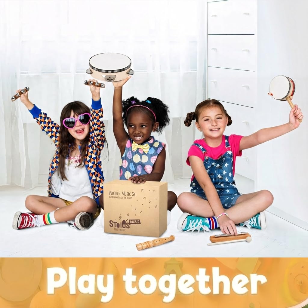 Stoie's Wooden Toddler Musical Instruments with Drum, Hand Bells, Flute, Maracas, Castanet, Tamburine, for Babies and Kids, Eco Friendly Montessori Educational Toy