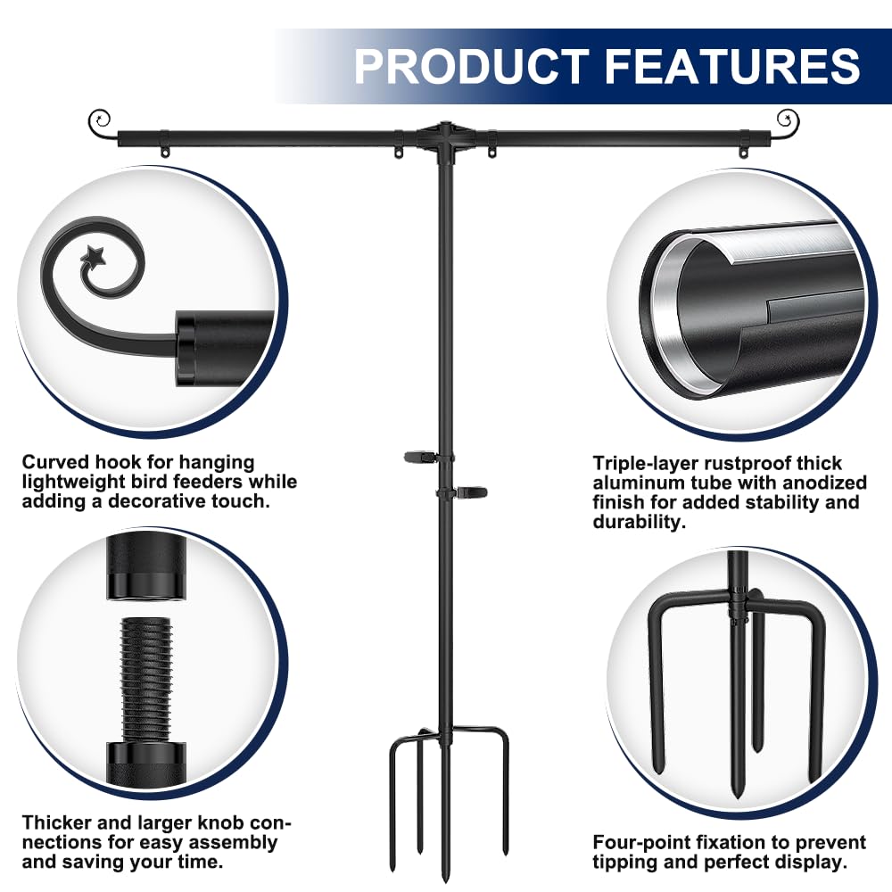 SCWN Garden Flag Stand Holder w/4-Prong Base, 3/4 Inch Extra Thick Heavy Duty Yard Flag Holder for Double Small Flags 12x18, Garden Flag Pole for Outside Patio Decor