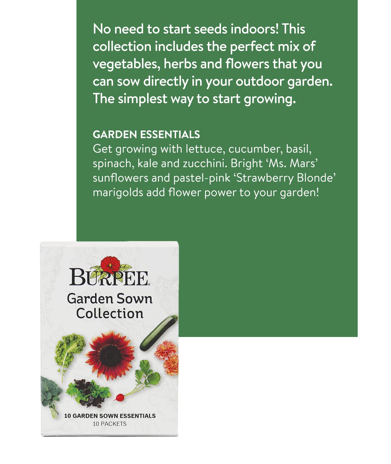 Burpee Garden Sown Flower, Herb & Vegetable 10 Packs of Non-GMO Basil, Lettuce, Cucumber, Radish, Spinach, Kale, Zucchini, Sunflower & Marigold, Seeds for Planting