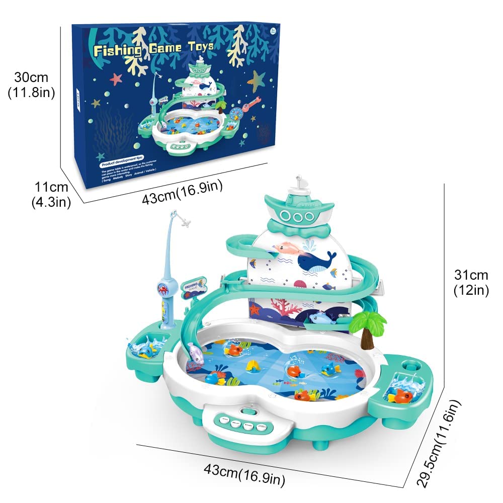Magnetic Baby Fishing Toy Set, 3 in 1 Fishing Game for Toddlers & Kids with Slideway & Music Story, 10 Fish, 3 Dolphins, 2 Fishing Poles, Learning Educational Sound Effect Toys (Green1)