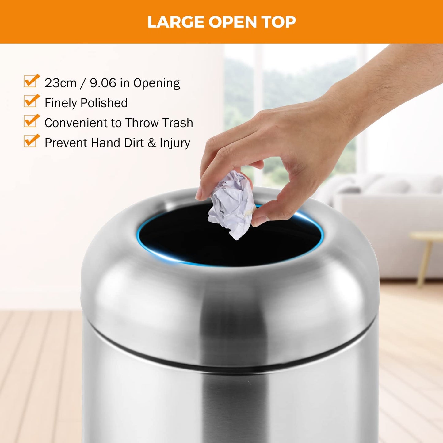 BEAMNOVA 16.5 Gallon Trash Can Black Open Top Large Outdoor Indoor Commercial Stainless Steel Industrial Waste Basket Container, Metallic Garbage Enclosure with Lid