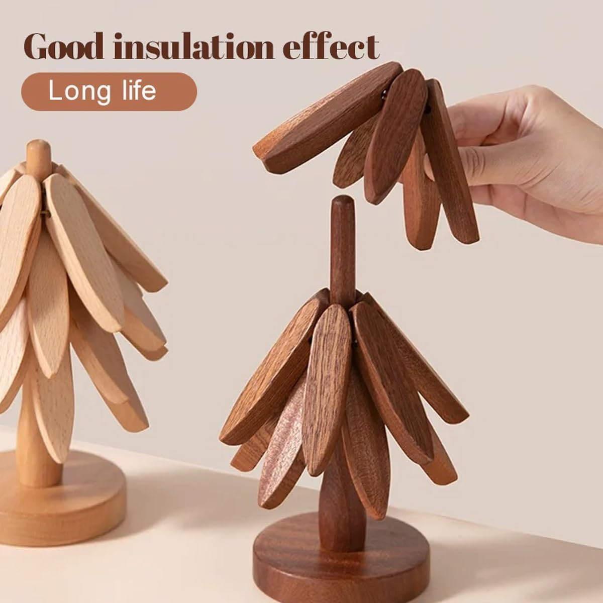 Wood Natural Tree Trivet Set, Christmas Tree Shape Trivets for Hot Dishes, 3-Piece Wooden Set with Stand for Pots, Bowls, Teapots (Dark Brown)