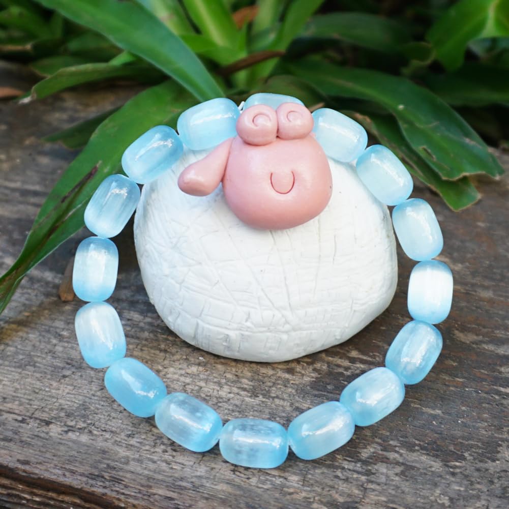 TaHLga Natural Selenite Crystal Bracelet for Women Men | 8x12mm Blue Plated Cylinder Beads | Authentic Stone with Leather Pouch, Gift Box & Repair Kit | Fits 7.5 inch Wrist