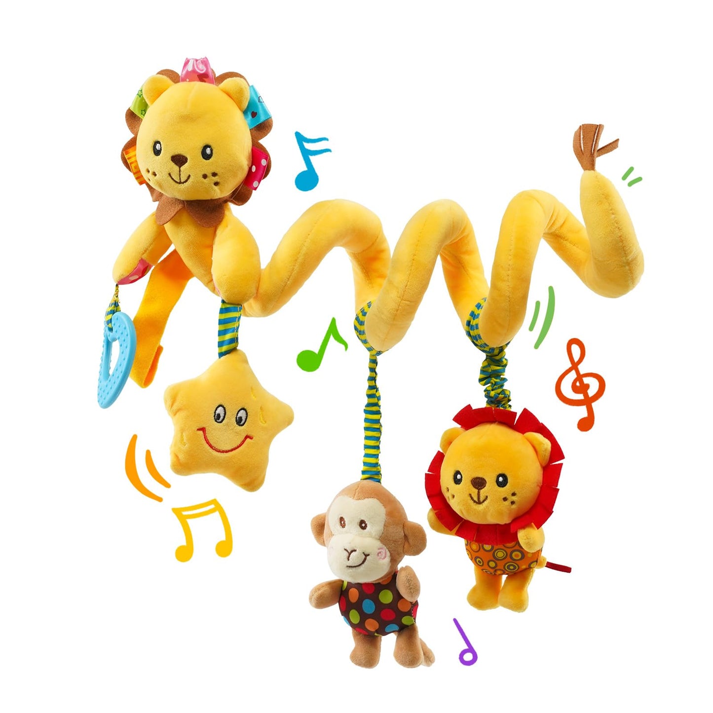 Jollybaby Crib Stroller Car Seat Toys for Baby 0-3-6-9-12 Months, Tummy Time Hanging Sensory Toys for Newborn with Music Box and Teether, Spiral Carseat Toy for Baby Boys Girls Gifts (07-Little Lion)