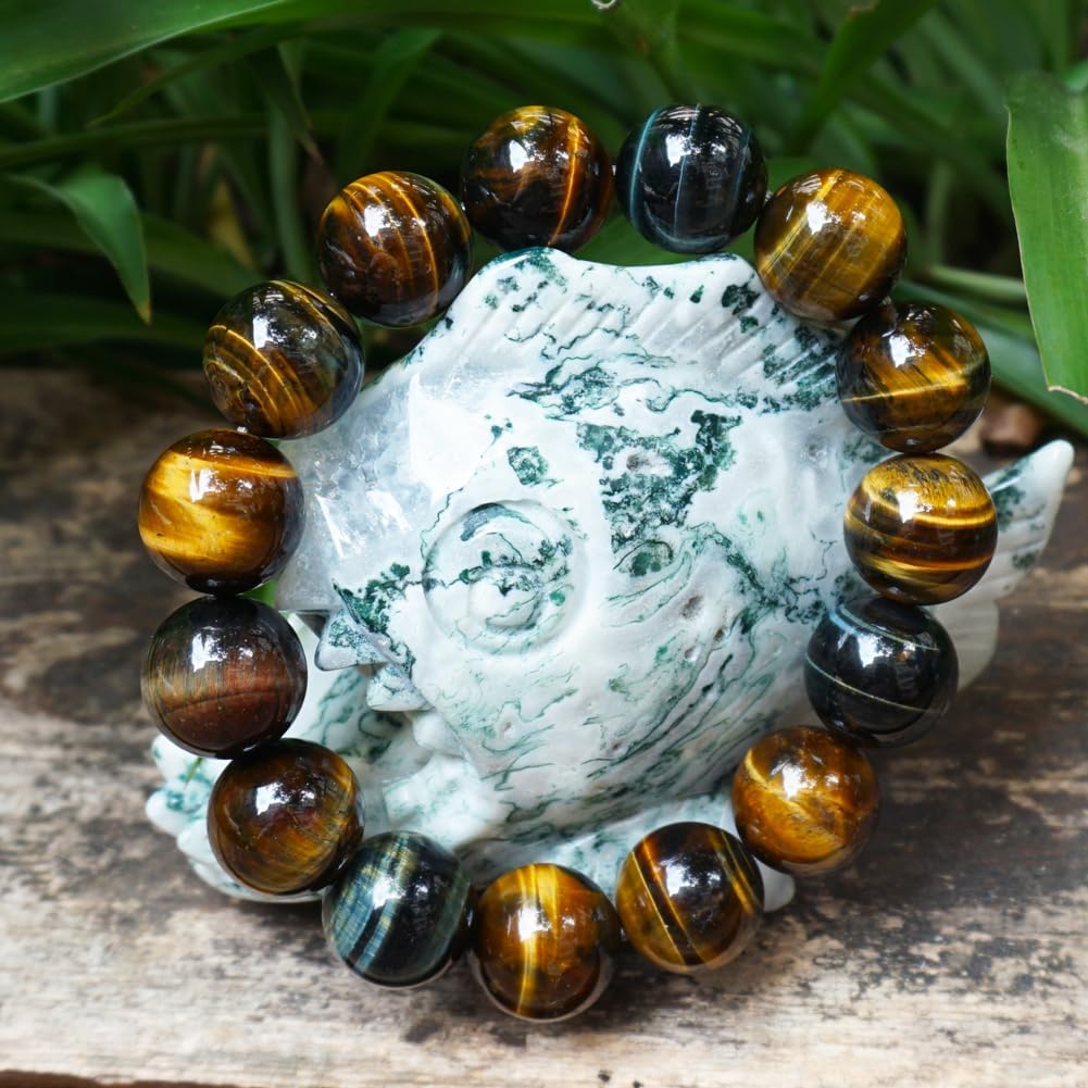 TaHLga 14MM Yellow Blue Tigers Eye Mens Beaded Bracelet | Natural Solar Plexus Chakra Gemstones | Bring Luck Wealth Courage | Protection from Evil | Gift