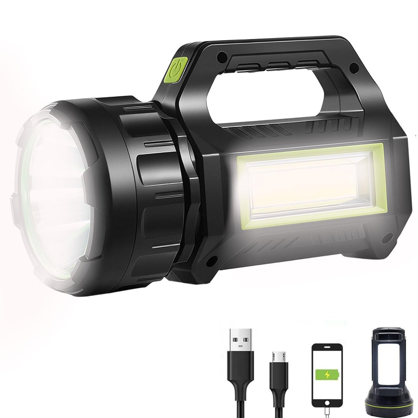 HAASHADA LED Searchlight LED Lantern, Solar Rechargeable Super Bright 10000LM Handheld LEDs Spotlight, Multifunctional Camping Lamp Work Lights, 7 Light Modes, IPX4 Waterproof, for Emergency