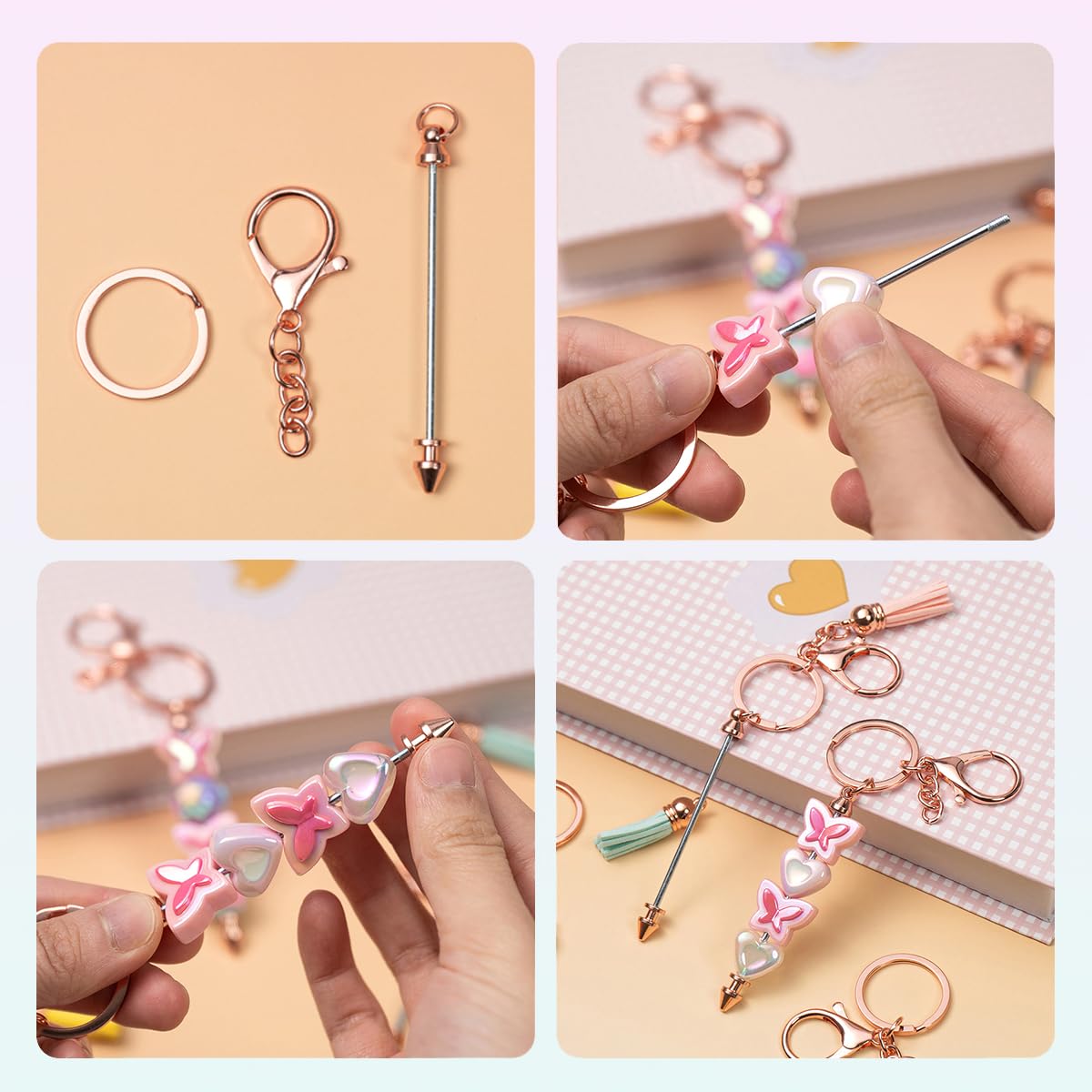 40 Pcs Beadable Keychain Bar, Golden-Pink Beaded Keychain for Pendant DIY and Colorful Leather Tassel Loose, Alloy Keychain Accessories Bulk for Keychain Supplies Jewelry Making Gift (Gold-Pink)