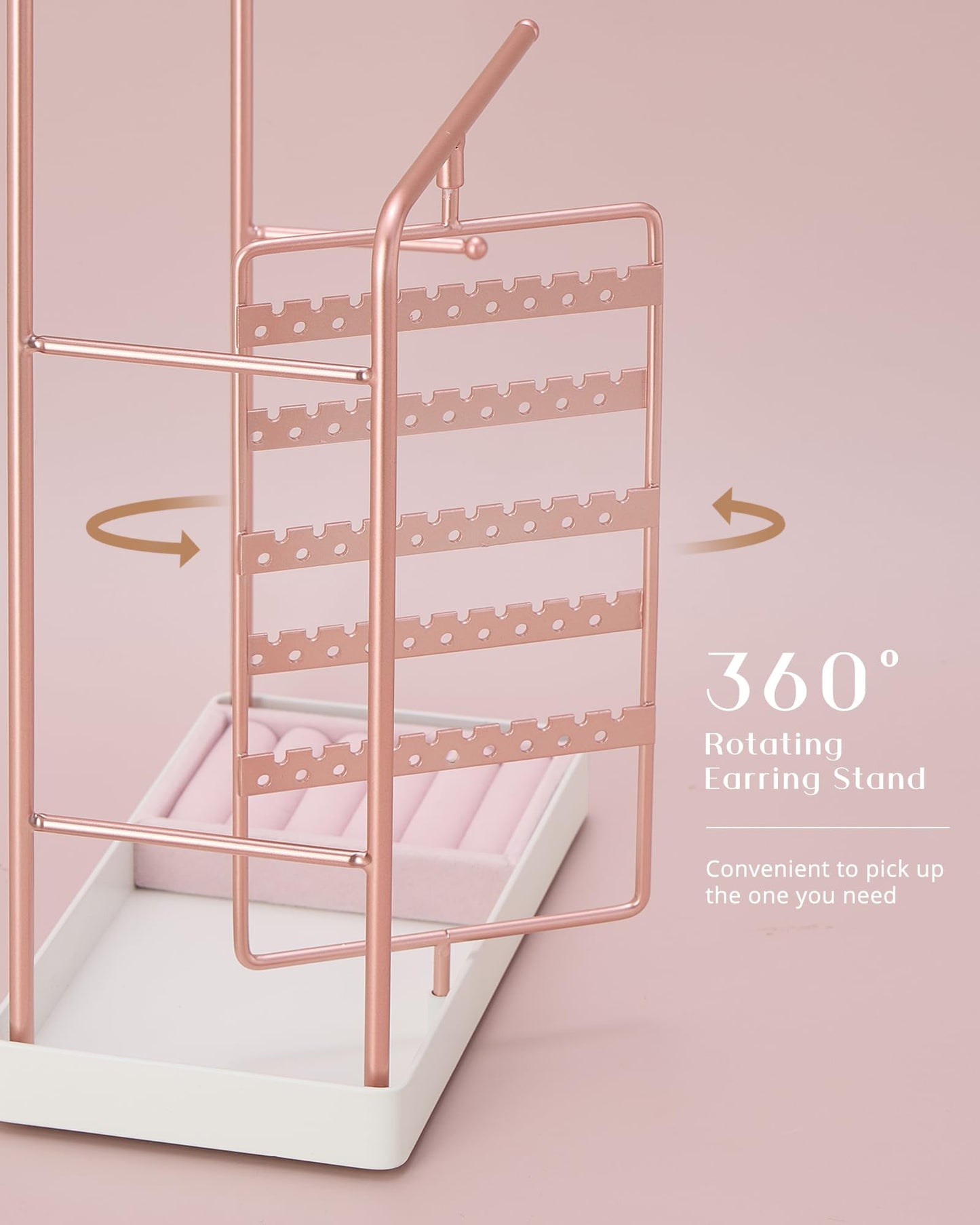 ProCase Jewelry Stand Holder Organizer, Jewelry Display Storage with Ring Tray, Rotating Earring Bracelet Necklace Holder, Valentine's Gifts Room Dorm Decor for Teen Girls -Rosegold (No-Assembly)