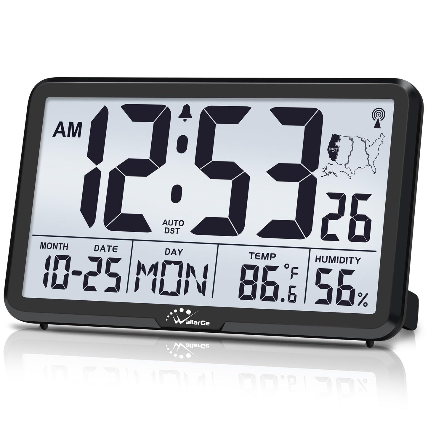 WallarGe Atomic Wall Clock with Backlight, Digital Wall Clock Battery Operated for Classroom, Bedroom, Office, Large Display with Indoor Temperature, Humidity, Date, AUTO DST, 6 Time Zones