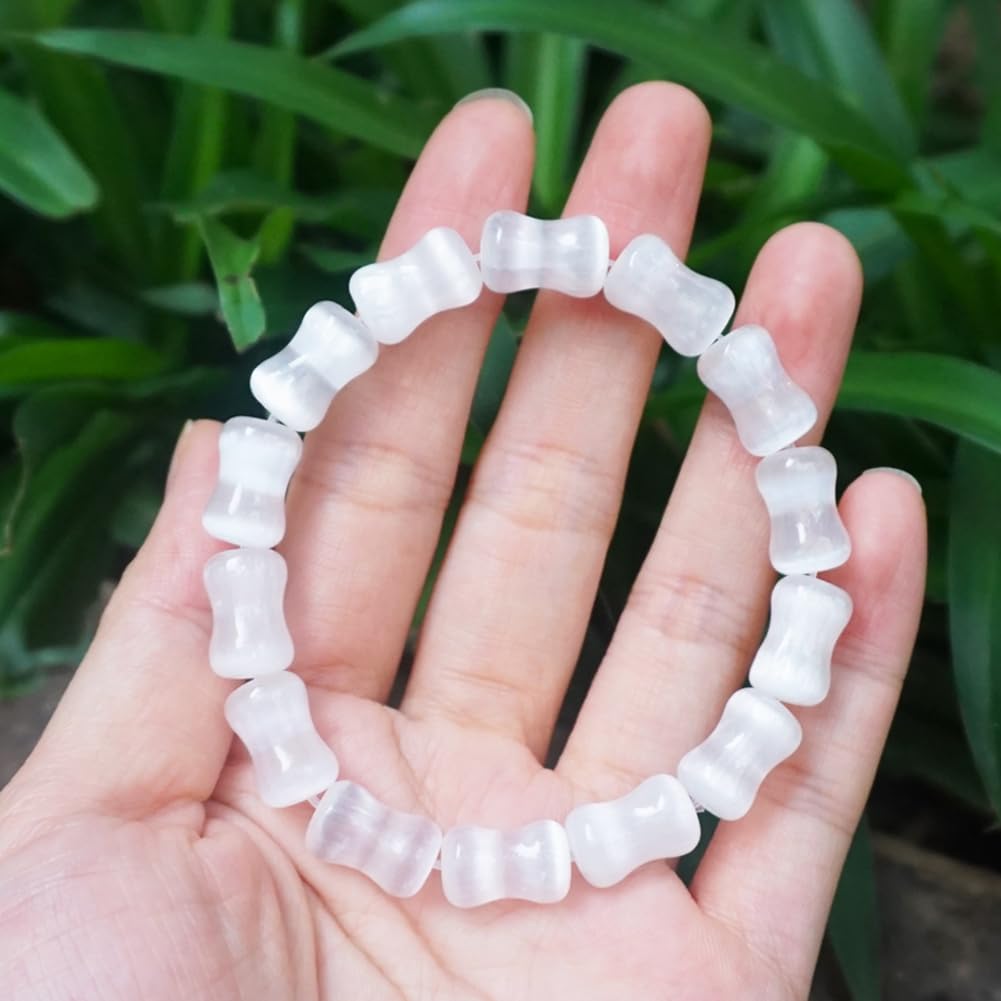 TaHLga 8mm Selenite Bracelet White Bamboo-Shaped | Natural Stone Beads with Traditional Bamboo Node Design | Handmade Meditation Healing Crystal Jewelry | Beading Tool Kit - Adjust to 6.5-7.5 inches