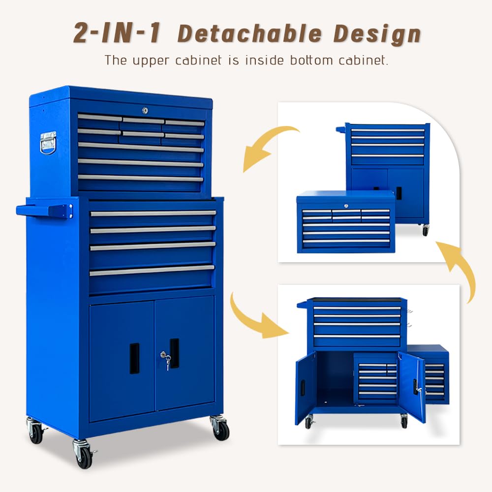 TOKUWA 13-Drawer Double Doors Handle Rolling Tool Chest, 2 in 1 Detachable Rolling Tool Chests, Large Tool Boxes with Lock, Metal Standing Tool Cabinet for Garage Workshop(Blue)