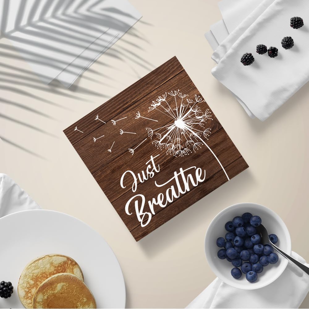 PUVOXHO Just Breathe Funny Dandelion Wooden Sign Desk Decor for Home Office Farmhouse Bedroom, Yoga Spa Room Decor, Inspirational Gifts for Women Boss Leader Supervisor Coworkers Family Friend BFF