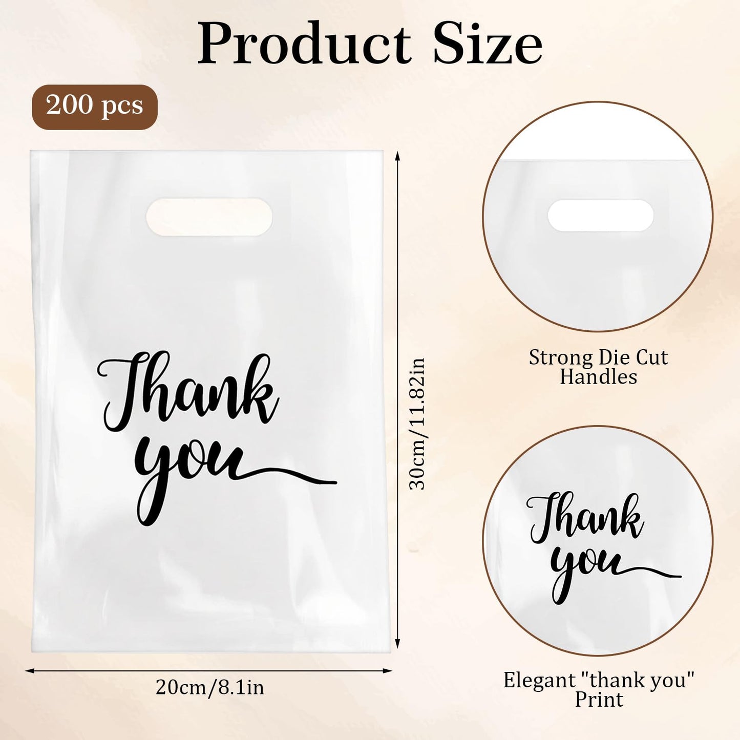 Giloaou 200 Pcs Thank You Merchandise Bags, 8.1” x 11.82” White Plastic Shopping Bags with Die Cut Handles, Premium Retail Gift Bag for Small Business, Boutique, Party Favors & Craft Packaging