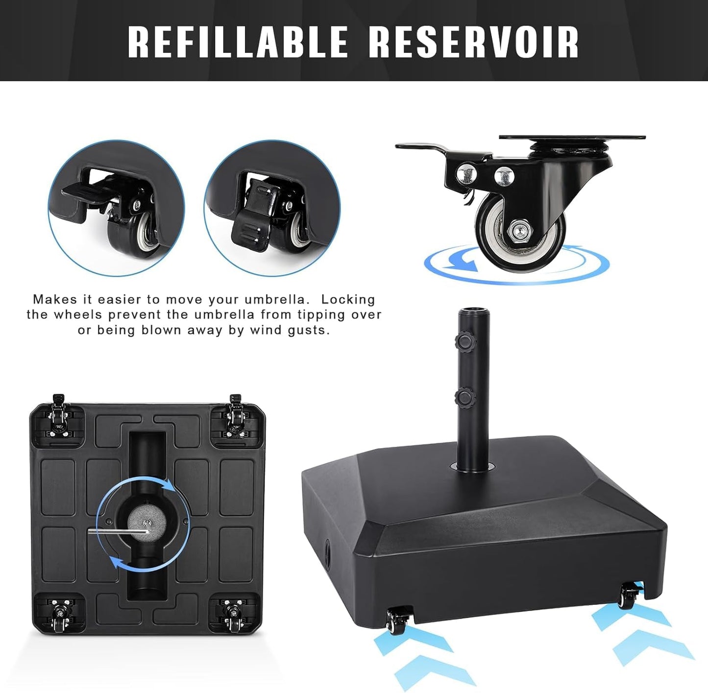Patio Kingdom Patio Umbrella Base with Wheels, 123 lb Fillable Stand with Locking Casters, Mobile HDPE Umbrella Holder for 6-12FT Umbrellas, Wind Resistant Design for Deck, Poolside, Backyard (Black)