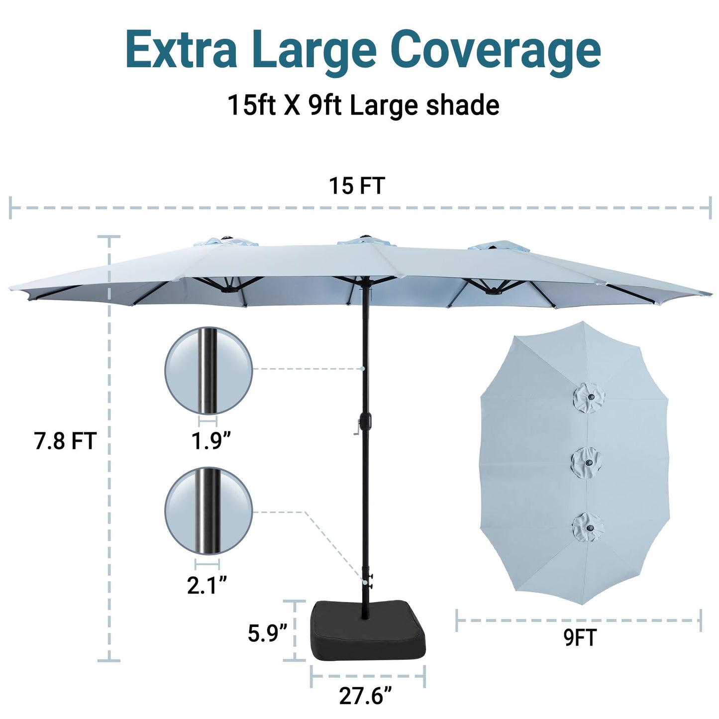 Bigroof 15ft Patio Umbrella with Base, Large Outdoor Double-Sided Market Umbrella with Terylene Polyester Fabric and Crank for Poolside Garden Deck Backyard Beach Pools, Light Blue