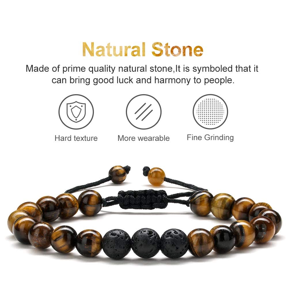 M MOOHAM Bracelets for Men - Beaded Natural Tiger Eye Bracelets for Men Black Lava Rock Stone Chakra Mens Anxiety Bracelet Adjustable Aromatherapy Oil Diffuser Jewelry Gifts