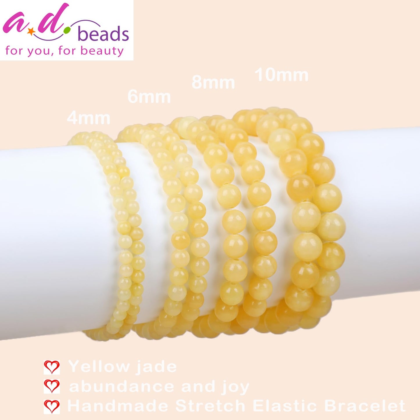 AD Beads Handmade Gemstone Stretch Elastic Bracelet Crystal Healing Reiki Nature's Beauty and Spiritual Essence Unisex (4mm, Yellow Jade (Abundance and Joy))