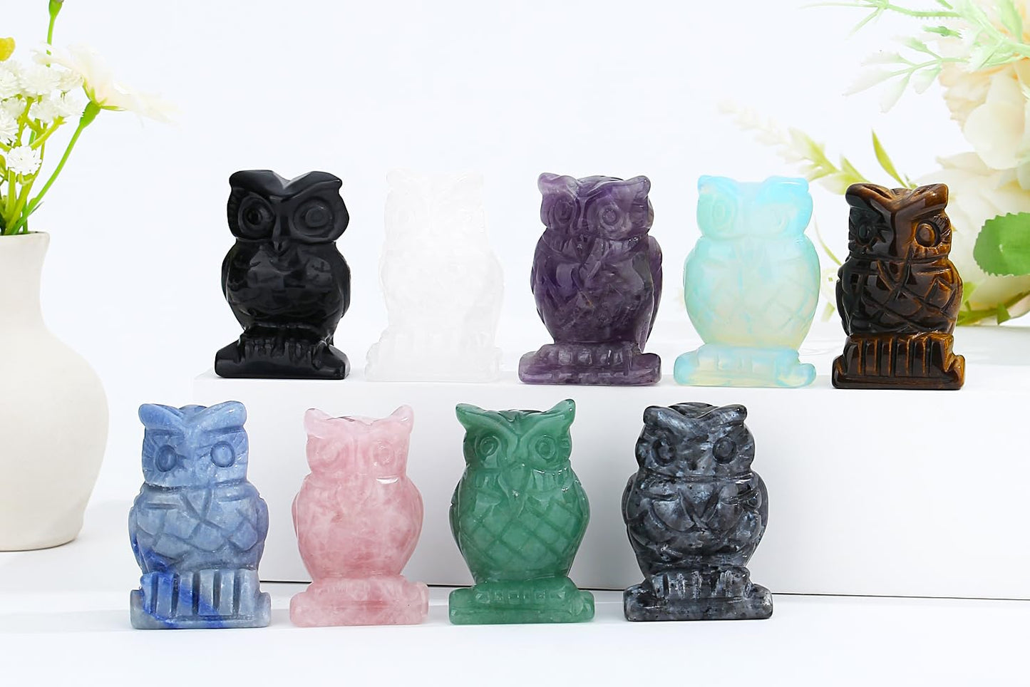 YATOJUZI 2" Owl Decors Natural Crystals Stones Cute Decor Polished Hand-Carved Sculpture Statue Figurines Gemstone Home Office Desk Decoration Reiki Energy Gifts