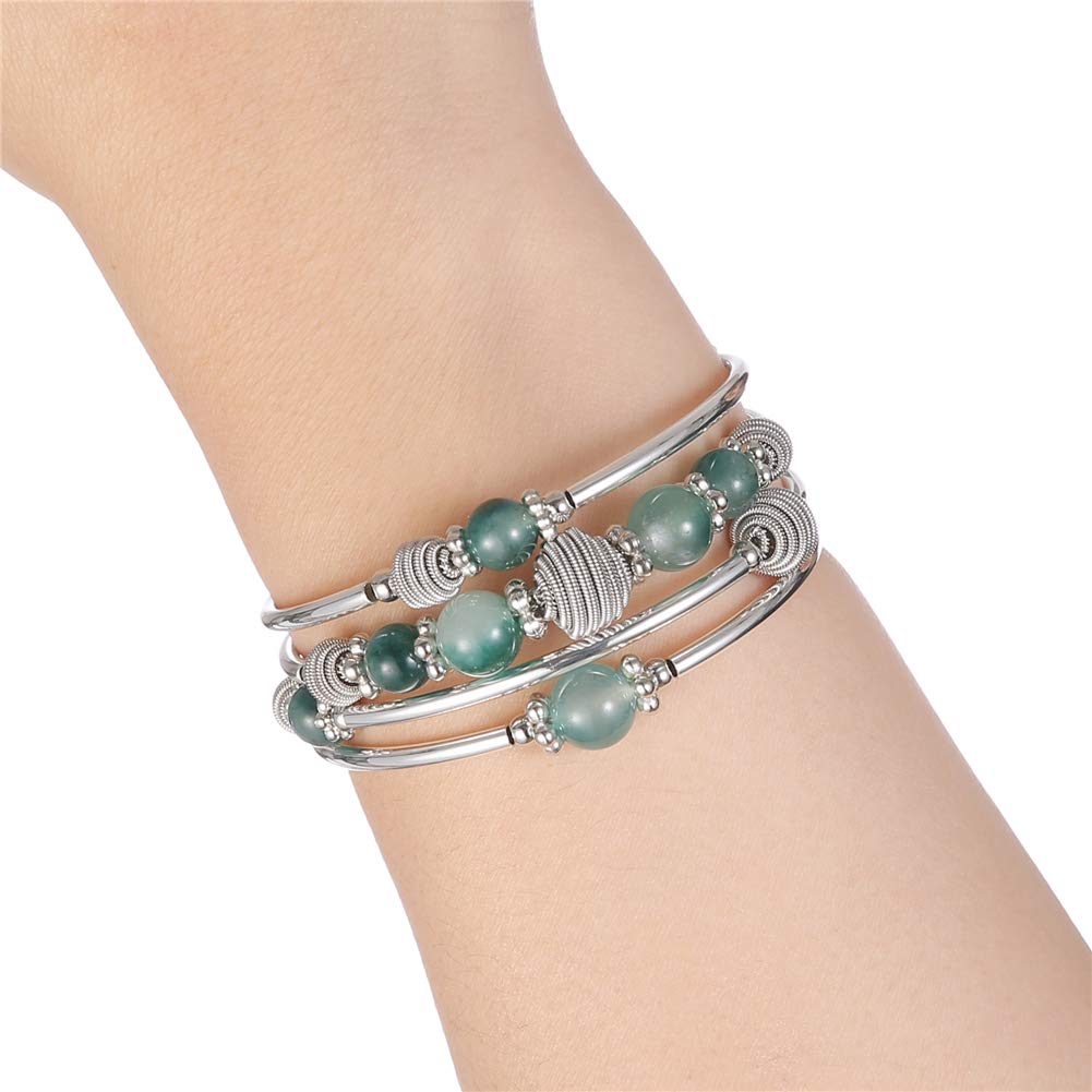 PEARL&CLUB Beaded Chakra Bangle Turquoise Bracelet - Fashion Jewelry Wrap Bracelet with Thick Silver Metal and Mala Beads, Birthday Gifts For Women(Jade Green)
