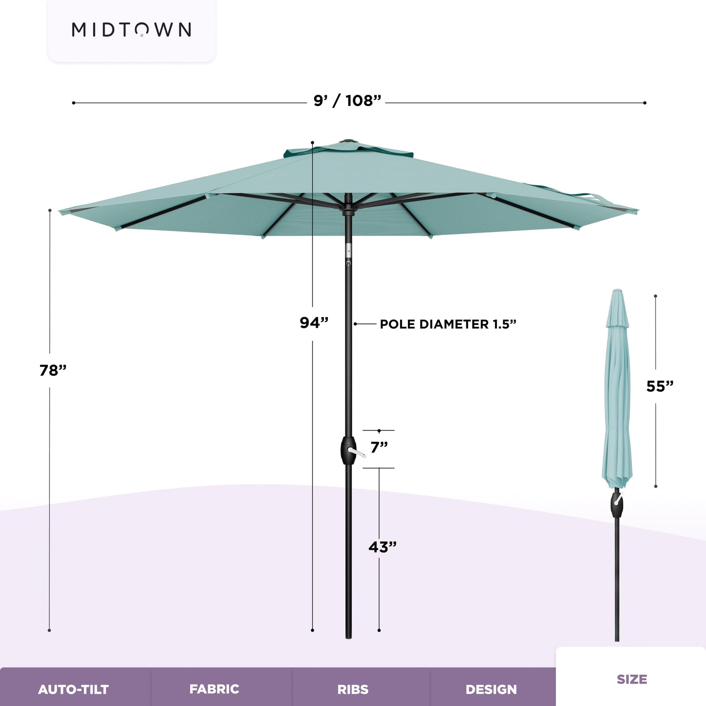 Midtown Umbrellas - 10-Year-No-Fade 9 Ft Patio Umbrella with Terylast Fabric, Auto-Tilt Aluminum Frame and 8 Reinforced Ribs for Deck, Pool, Garden & Beach - Aqua Canopy, Black Pole