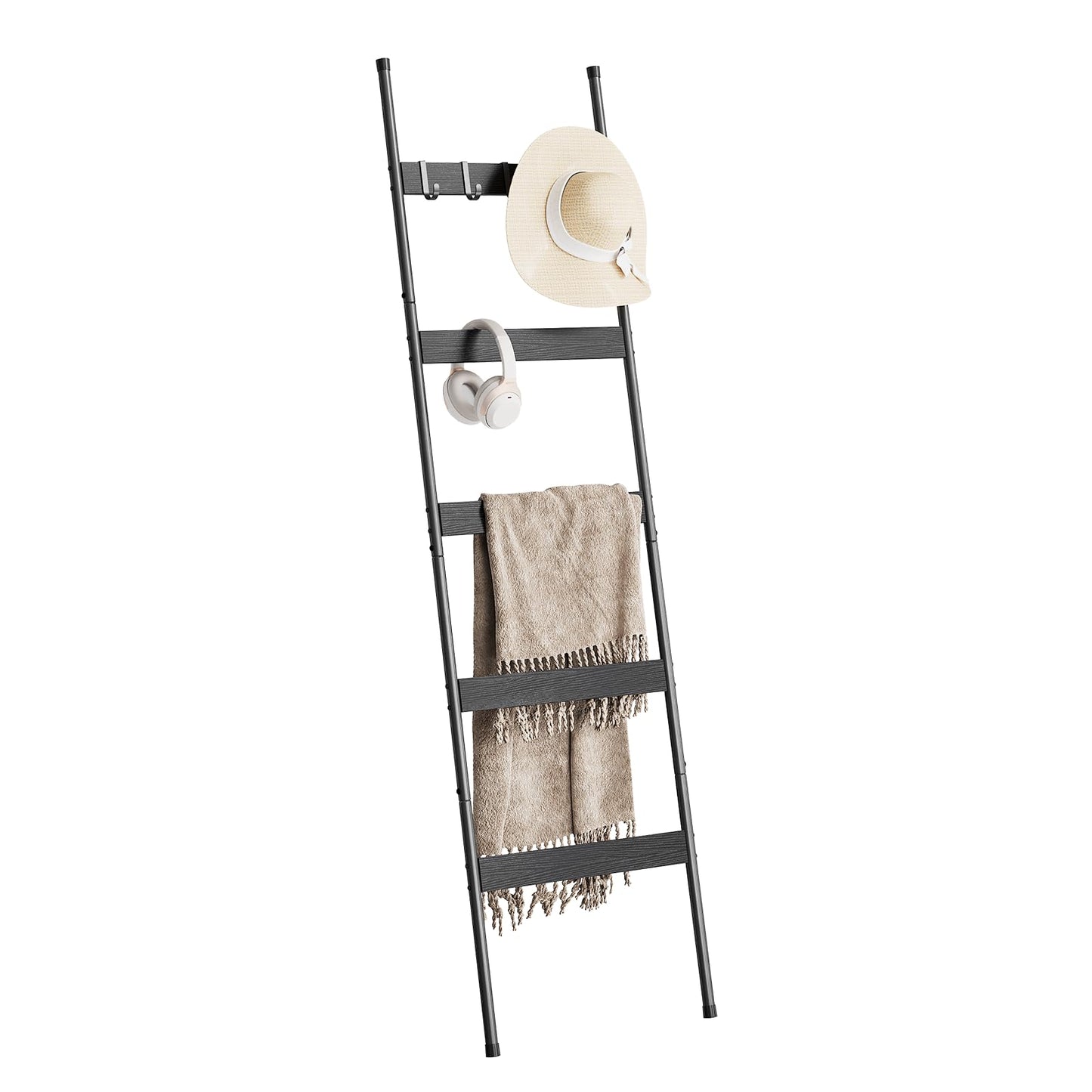 ELYKEN Blanket Ladder for Living Room, Farmhouse 5-Tier Quilt Holder with 4 Removable Hooks for Bathroom, Wood Towel Rack Display, Wall Anchor Leaning Decorative Stand for Home, Black