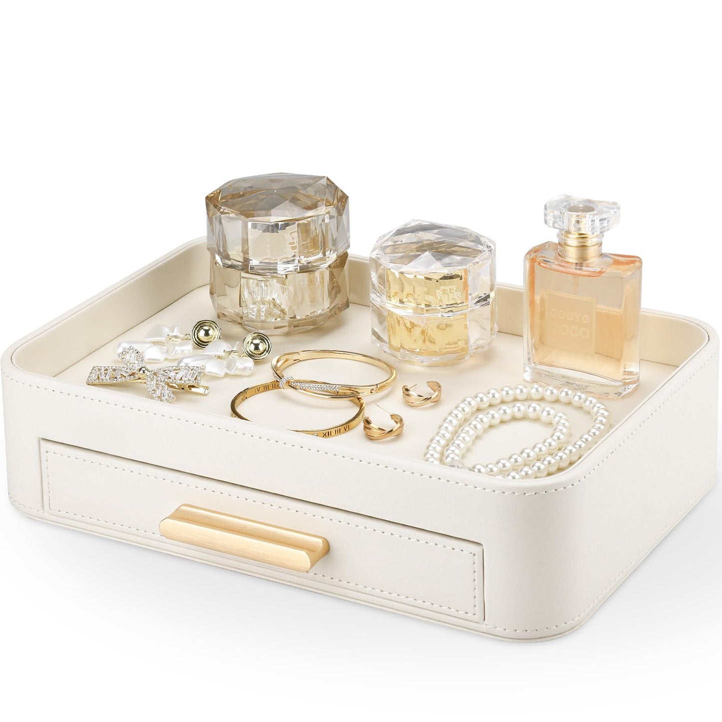 GORESE PU Leather Valet Tray with Drawer, Nightstand Organizer Catch All Tray for Jewelry Perfume Purse Trinket Key Holder, EDC Trays for Desk Vanity Entryway Table, Gift for Women Men, Cream White
