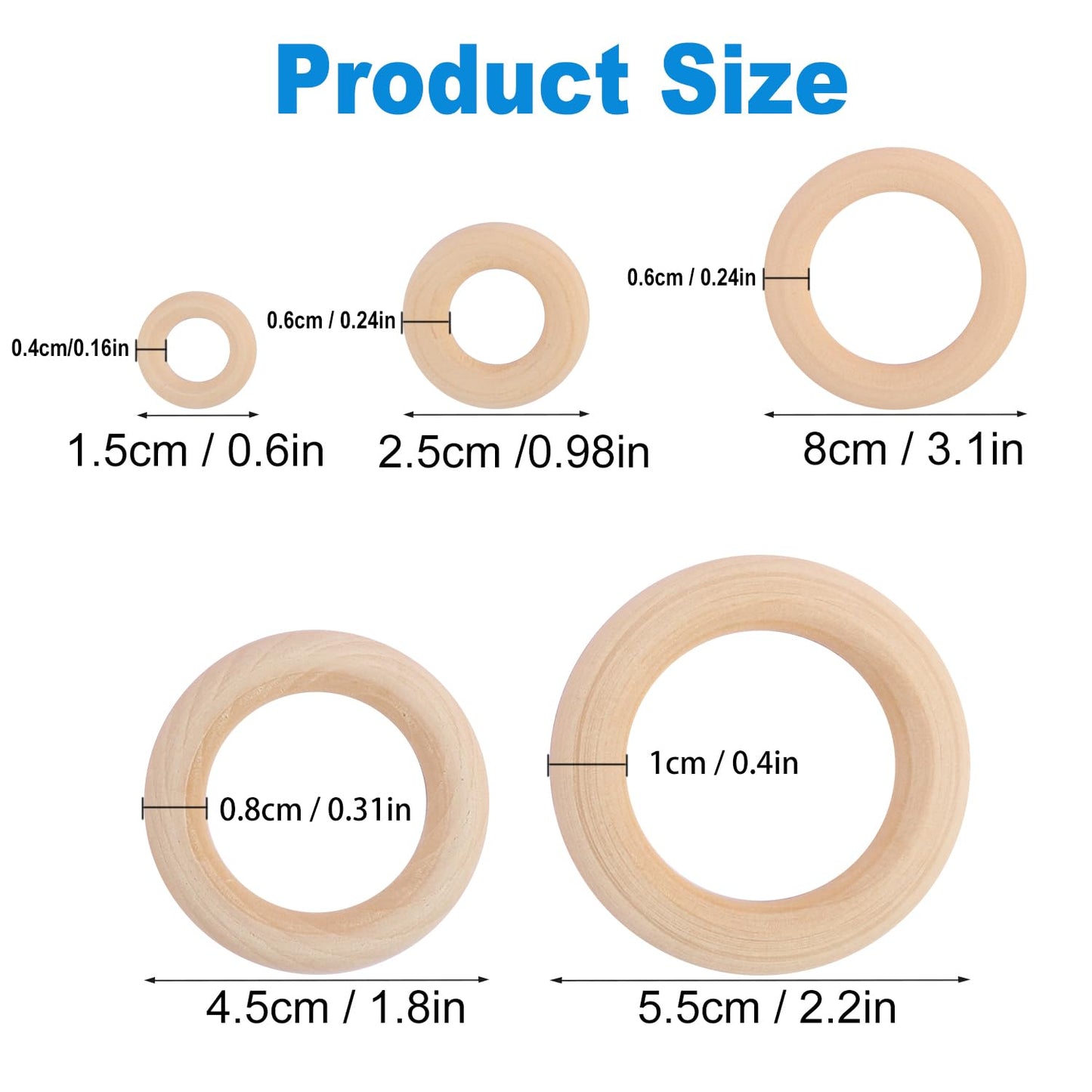 500 PCS 0.6/0.95/1.38/1.77/2.2 Inch Wooden Rings for Crafts, Natural Wood Rings for Macrame, Jewelry Making, and DIY Crafts, Unfinished Smooth Wood Rings, by GNIEMCKIN