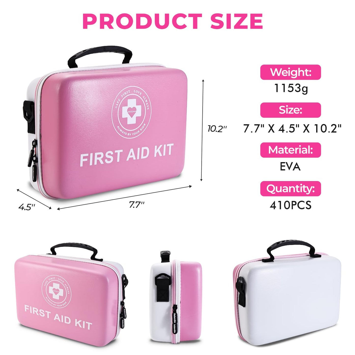 Large First Aid Kit - 410 Piece Dual-Color Emergency Kit with Hard Shell,Professional Survival Kit for Home, Car, Travel, Hiking & Outdoor(Pink/White)