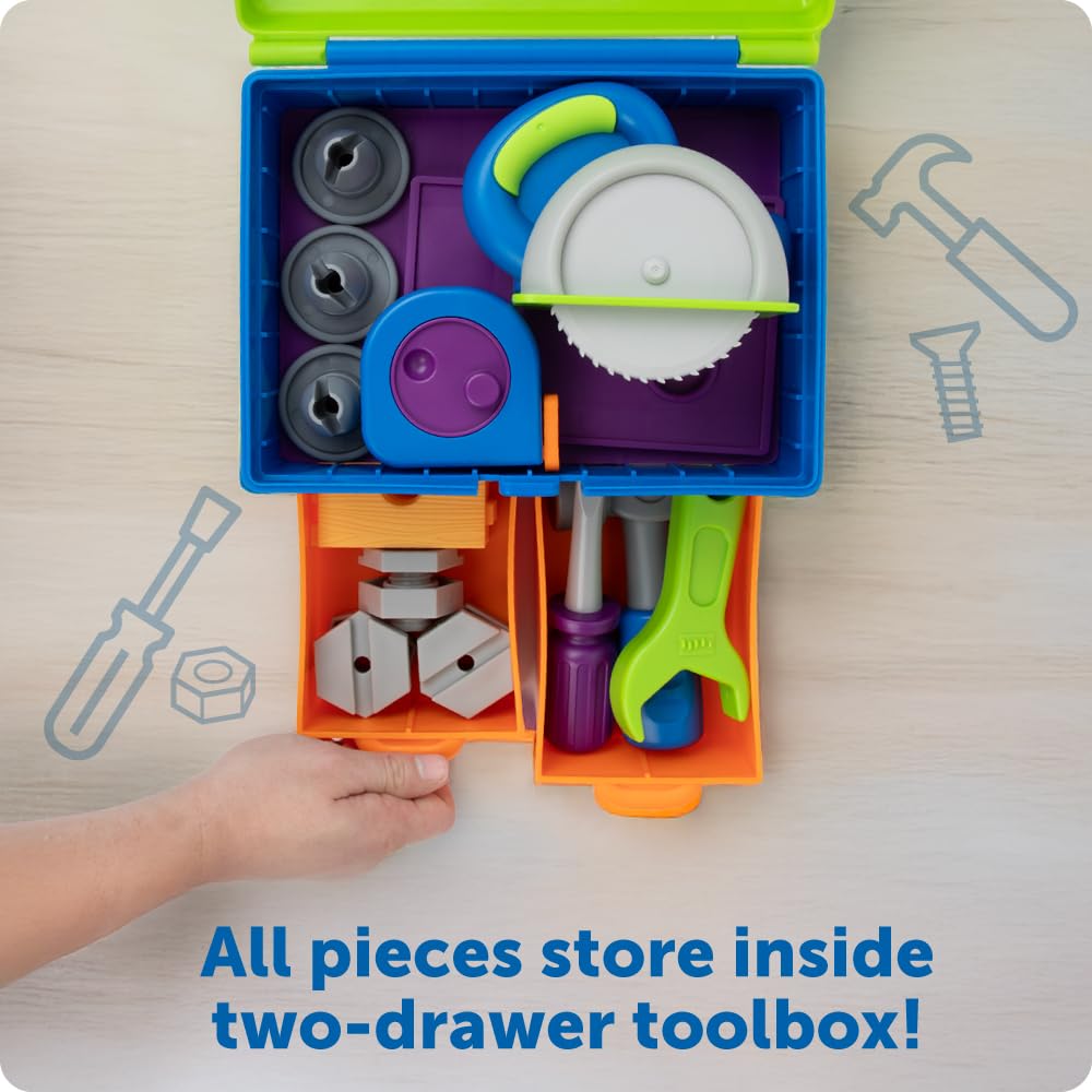Learning Resources New Sprouts All-in-One Toolbox - Kids Tool Set, Toddler Toys, Fine Motor Skills, Pretend and Play Construction Box, Montessori Drill and Screw Toys, Gifts for Boys and Girls