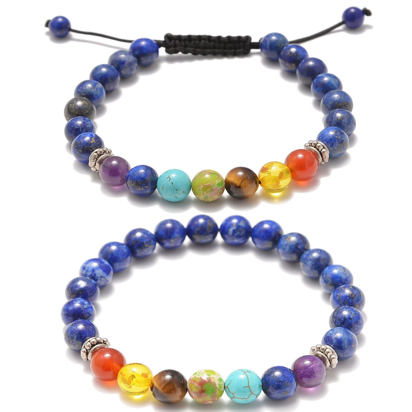 AD Beads 2Pcs His & Hers Distance Beads Bracelets Elastic Natural Stone Yoga Bracelet (7 Chakras-Lapis)