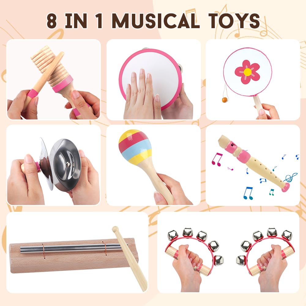 Toddlers Musical Instruments for 1 2 3 Year Old Girl,Baby Montessori Wooden Musical Toys for Toddlers1-3 Year Old,Kids Musical Toy for Preschool,Christmas Birthday Gift for Baby Girls (Pink 8 in 1)