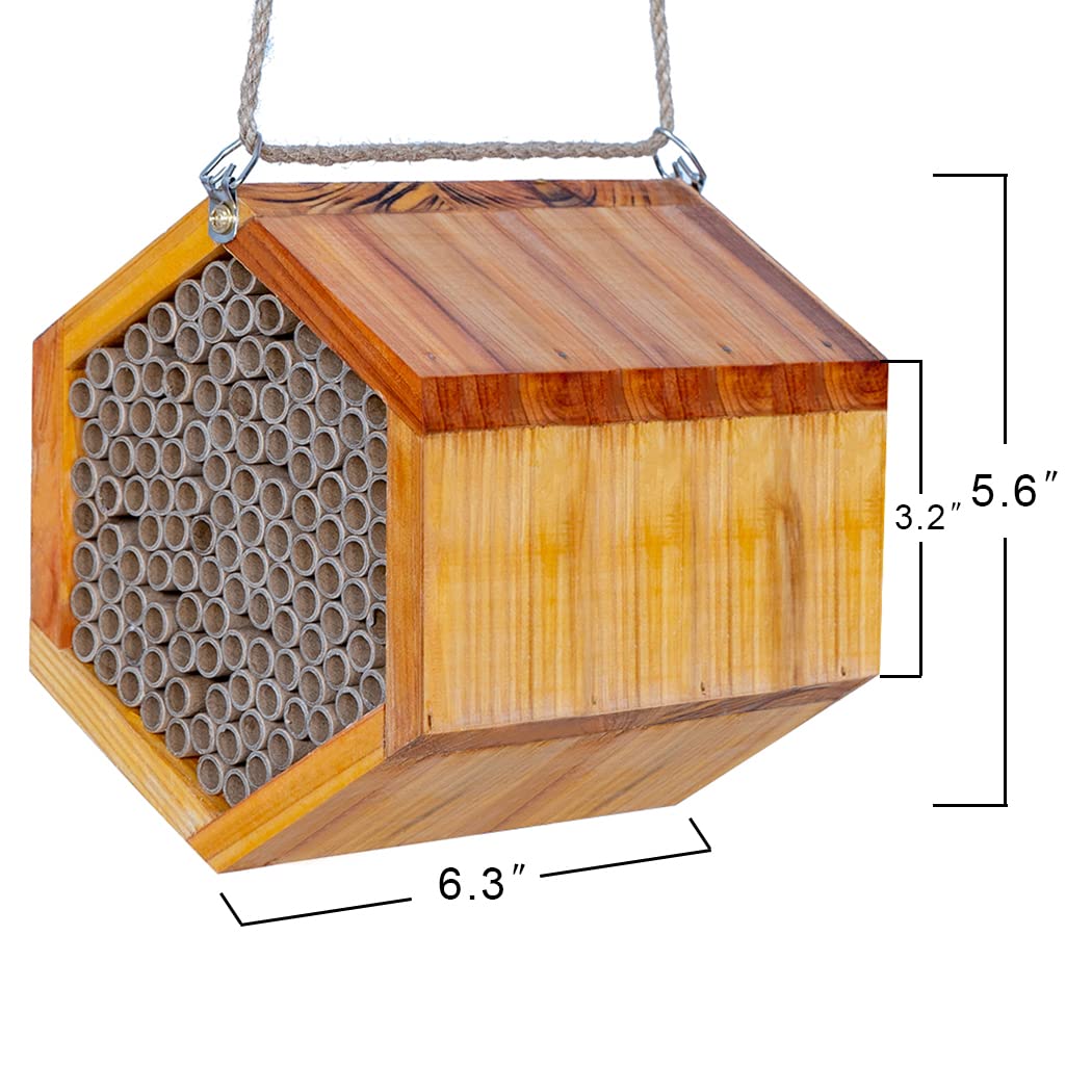 Mason Bee House - Handmade Natural Wooden Bee Hive Coated with Wax for Water-Proof and Long Service Life - Attracts Peaceful Bee Pollinators to Your Garden, Bee Houses for Garden