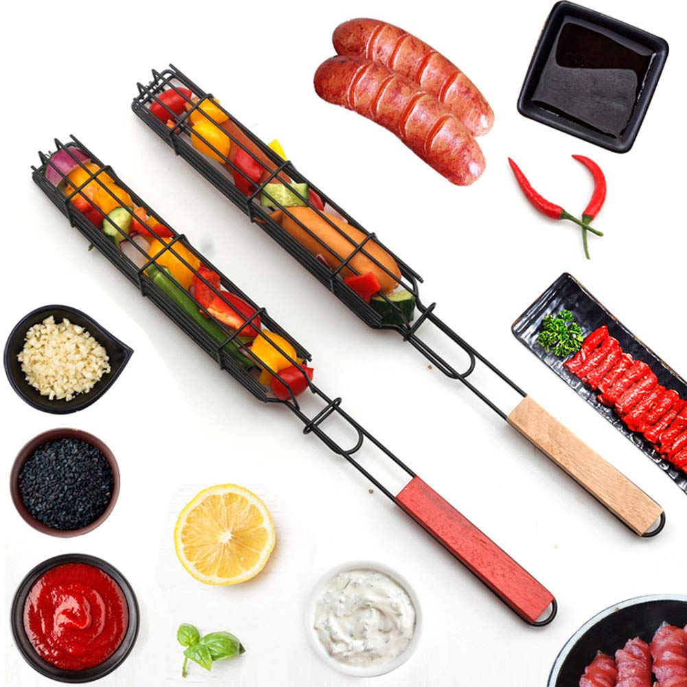 Kabob Grilling Baskets, BBQ Grill Accessories Set of 4 with 12" Stainless Steel Hot/Cold Smoker Tube, BBQ Smoker Rotisserie Basket for Grilling Vegetables