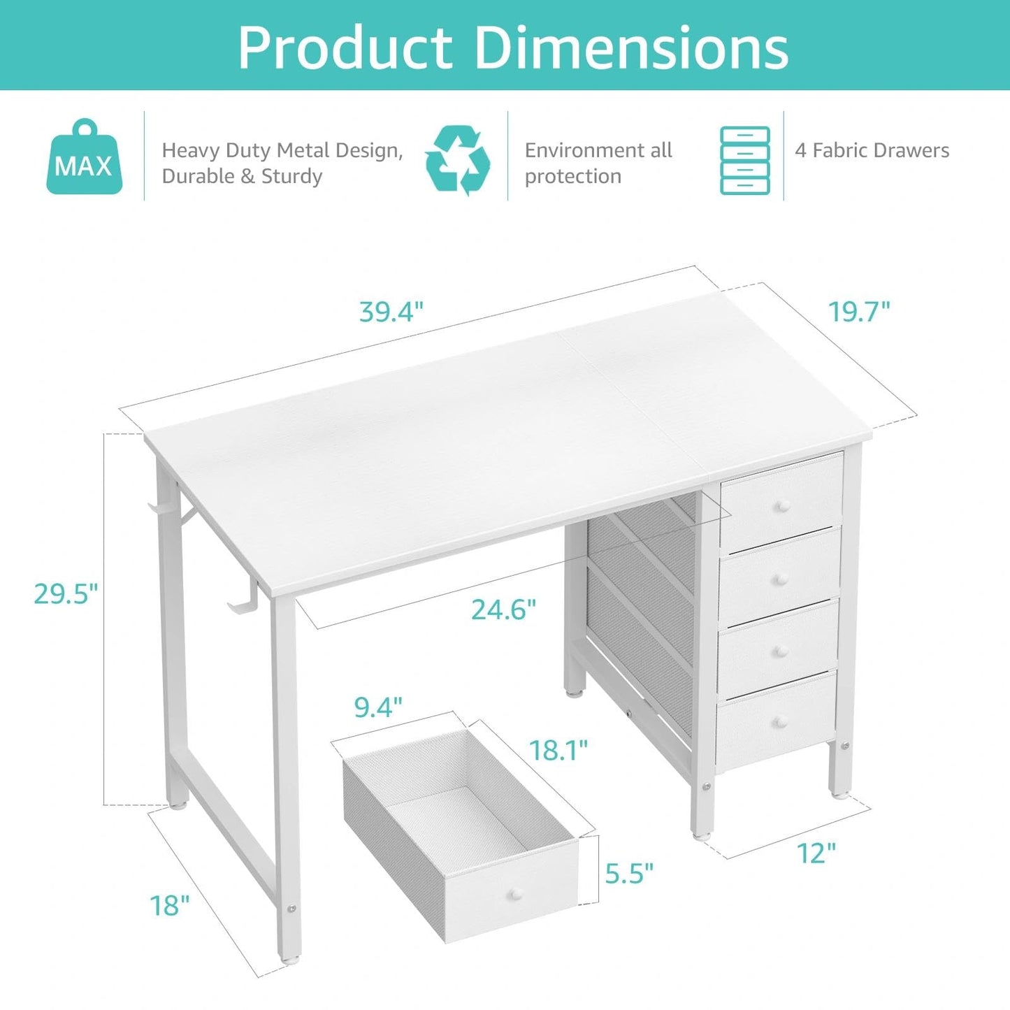 Lufeiya Small White Desk with Drawers for Bedroom, 40 Inch Kids Girls Study Desks, Reversible Computer Writing Nail Table with Fabric Drawer for Small Spaces Home Office Manicure