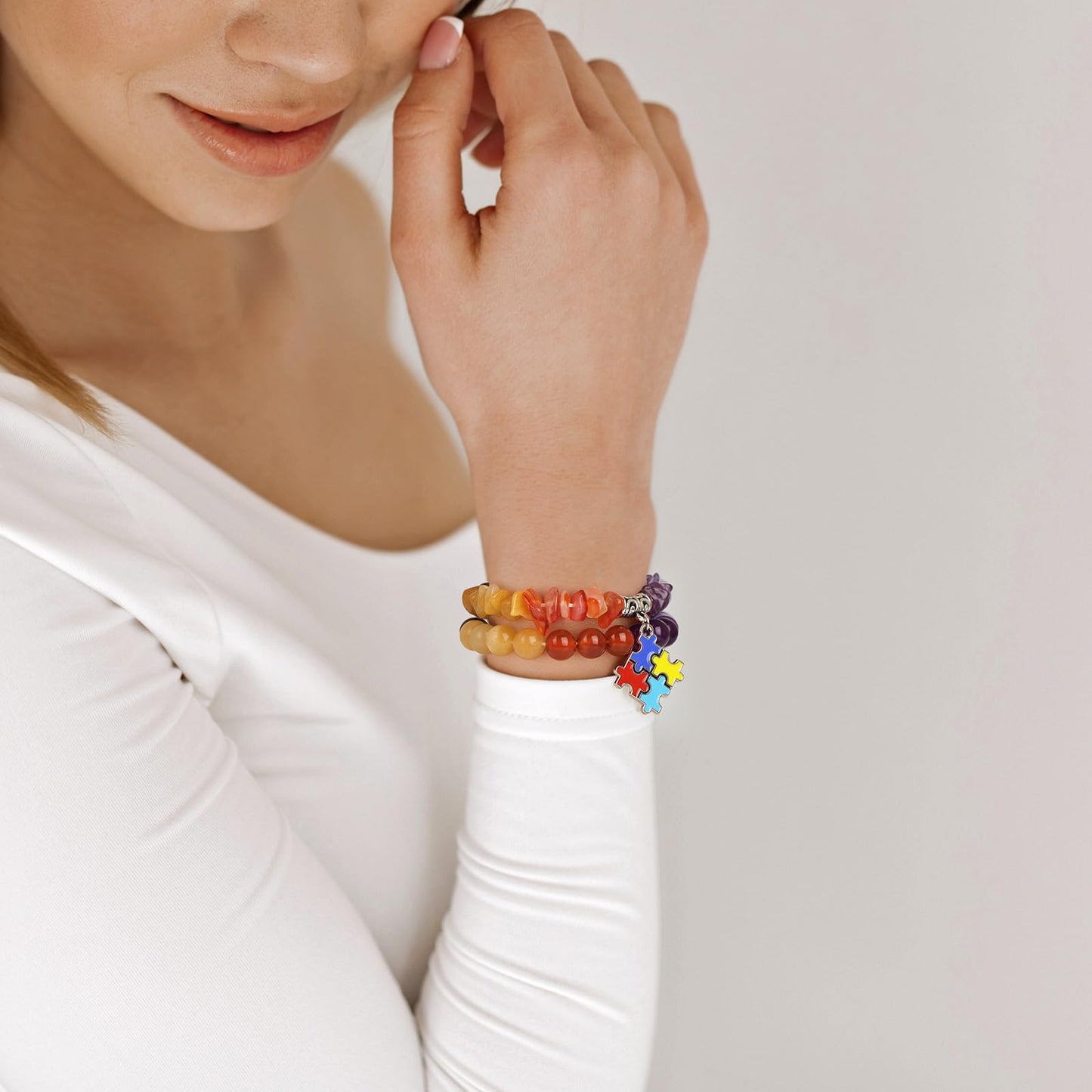 GolbalJew Autism Awareness Bracelets for Women Colorful Puzzle Charm 7 Chakra Gemstone Beads Bracelet Natural Stone Autistic Gifts Jewelry