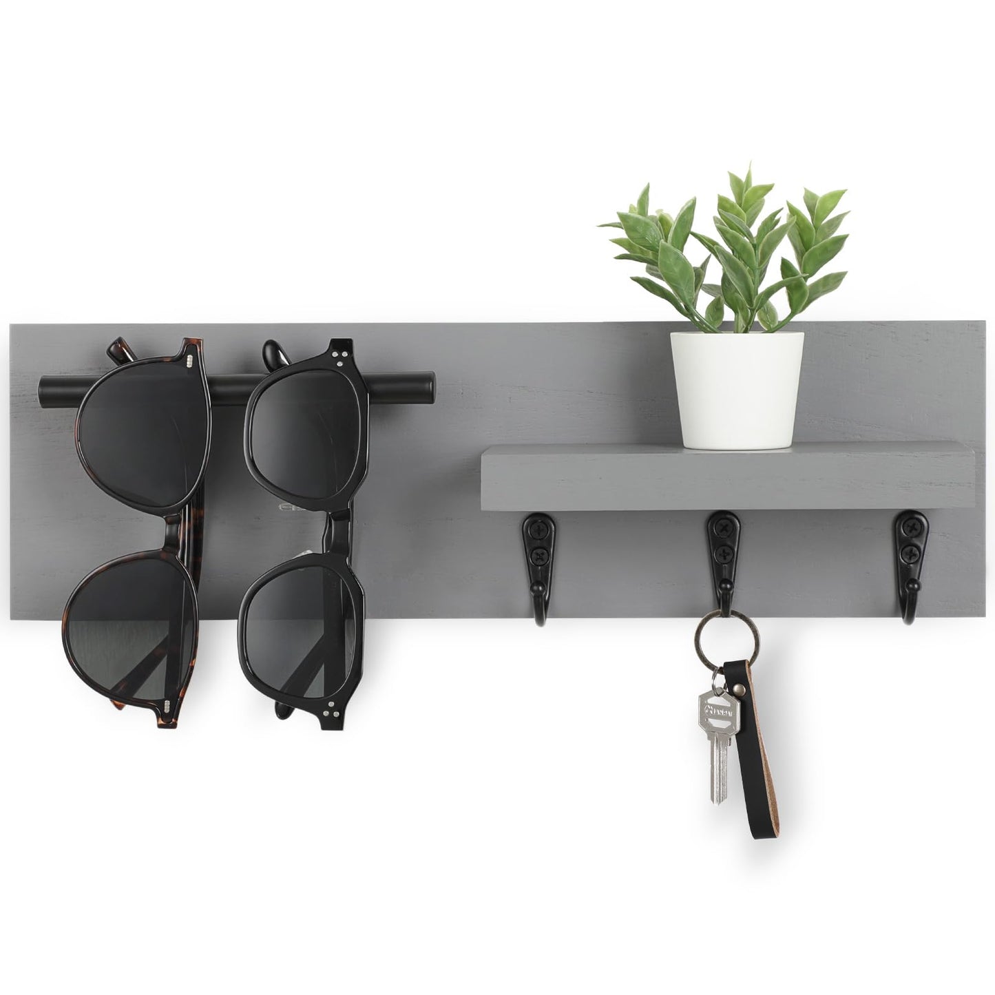 Lucundm Key Holder for Wall, Decorative Entryway Shelf with Hooks Holds Keys, Dog Leash, Sunglasses – Key Hanger with 3 Hooks Organizes, Enhances Home Decor (15” x 4.5” x 2.6”) (Grey)