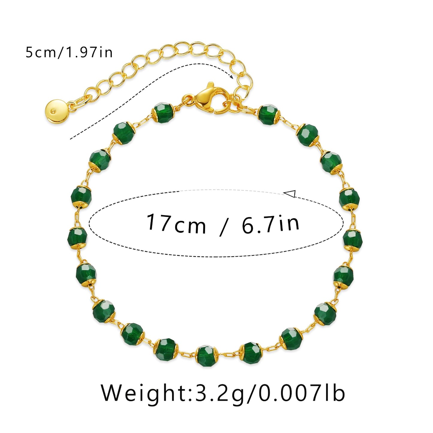 LSxAB Crystal Green Bracelet for Women Dainty Gold 18K Plated Adjustable Simple Curb Figaro Chain Gift Statement Bracelet Family Christmas Birthday Anniversary