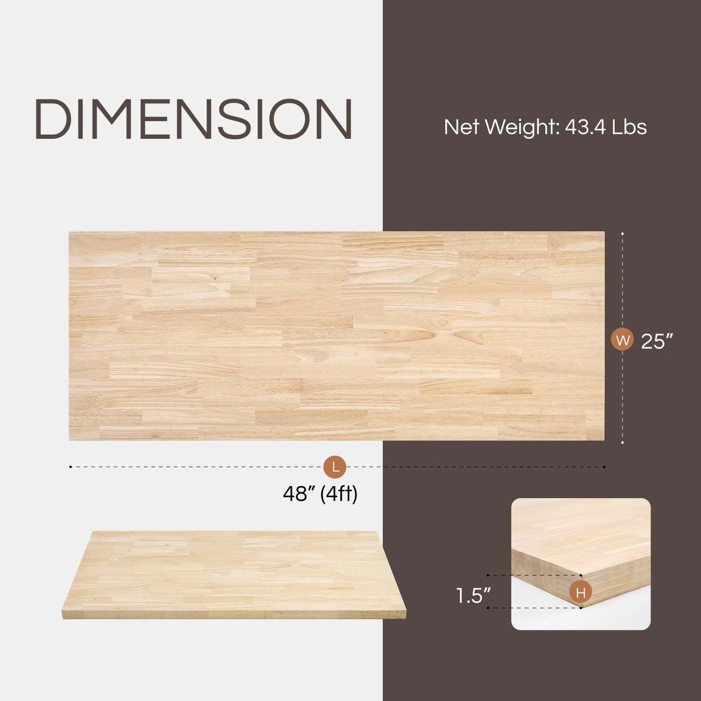 THYOI 4ft Hevea Butcher Block Countertop, 48" L x 25" W x 1.5" Thick Solid Wooden Table Top, Kitchen Countertops, DIY Butcher Block Desks and Unfinished Wood Table Tops for Customization