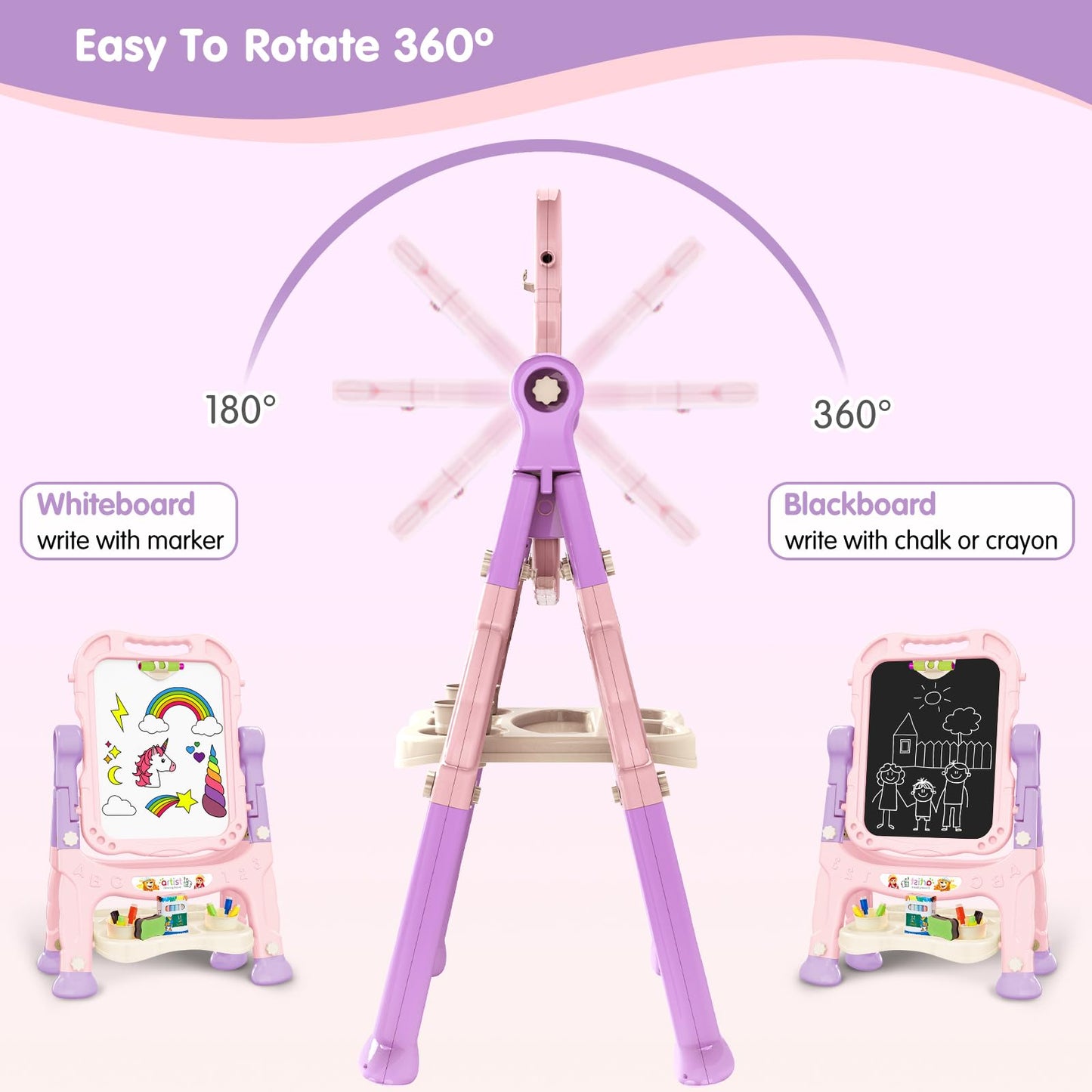 Kids Art Easel, Adjustable Drawing Whiteboard & Chalk Board, Double Sided Toddler Easel with Painting Accessories, Birthday Gift Toy for Little Girls Boy Age 2 3 4 5 (Pink)
