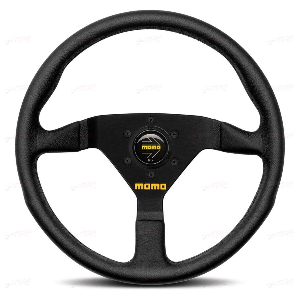 MOMO Motorsport MOD.78 Leather Racing Steering Wheel – 350mm, 36mm Deep Dish, Yellow Horn, 3-Spoke, 6-Bolt Aluminum Frame – Authentic MOMO Italian Aftermarket Wheel. Quick Release Hub Adapter Required