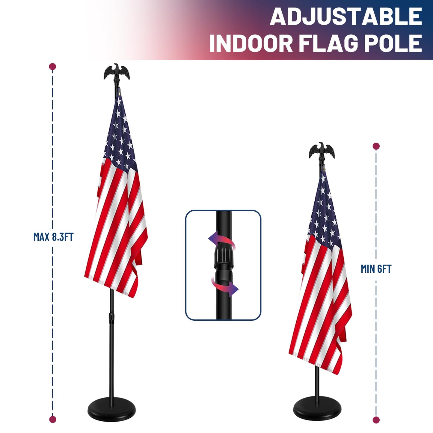 Indoor Flag Pole Kit with Base 6FT-8FT,Aluminum Commercial Indoor Flagpole & 360° Rotating Anti Wrap Ring,Adjustable Heavy Duty Flag Pole Kit for Office School with Black Eagle Topper (1Pack)