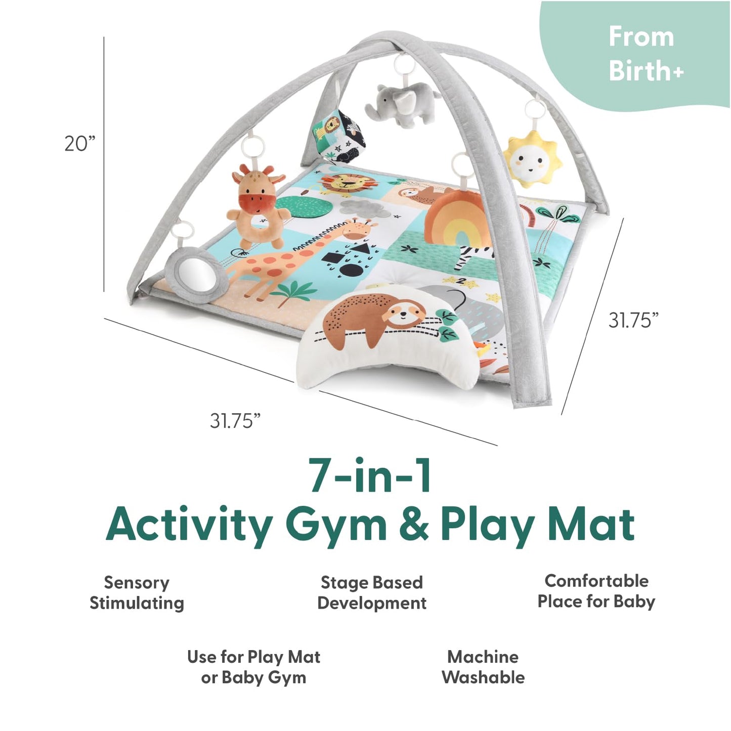 The Peanutshell Unisex Baby Play Gym & 7-in-1 Play Mat - Playmat Baby Toys 0-6, 6-12 Months Tummy Time Mat with Hanging Toys, Soft Padded for Newborns, Infants - Safari