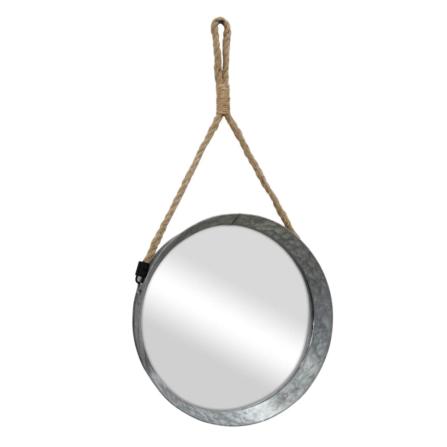 Stonebriar Rustic Round Galvanized Metal Mirror with Rope Hanging Loop ; Farmhouse Home Decor ; For Bathroom, Bedroom, and Living Room, 11.9", Grey